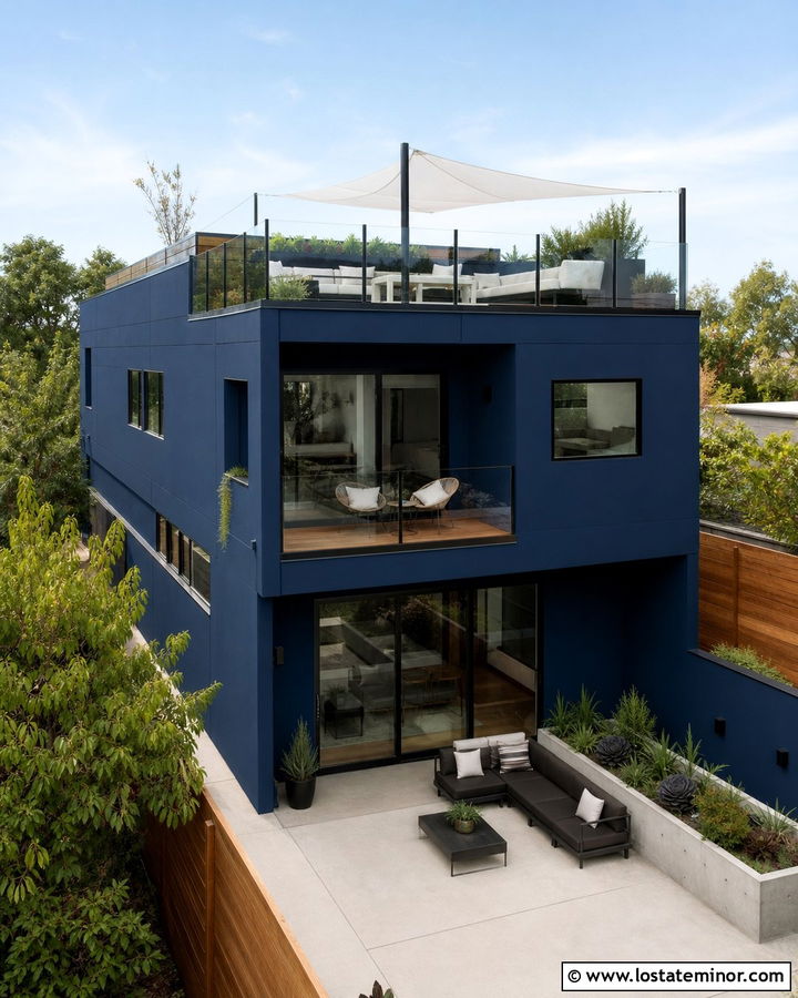 Navy Blue House With Rooftop Deck - 30 Navy Blue House Design With Backyard Ideas