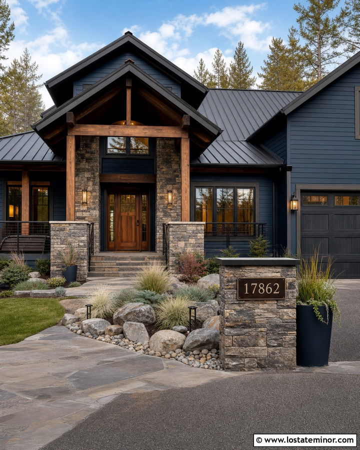 Navy Blue House With Rustic Metal Number Sign - 30 Navy Blue House Design With House Numbers Ideas