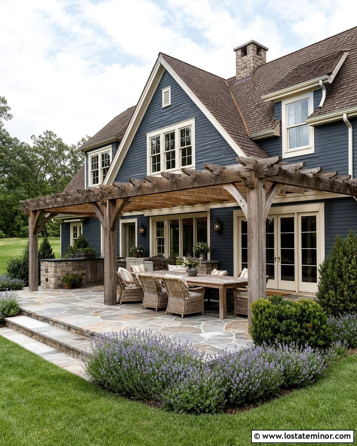 Navy Blue House With Rustic Stone Patio - 30 Navy Blue House Design With Backyard Ideas