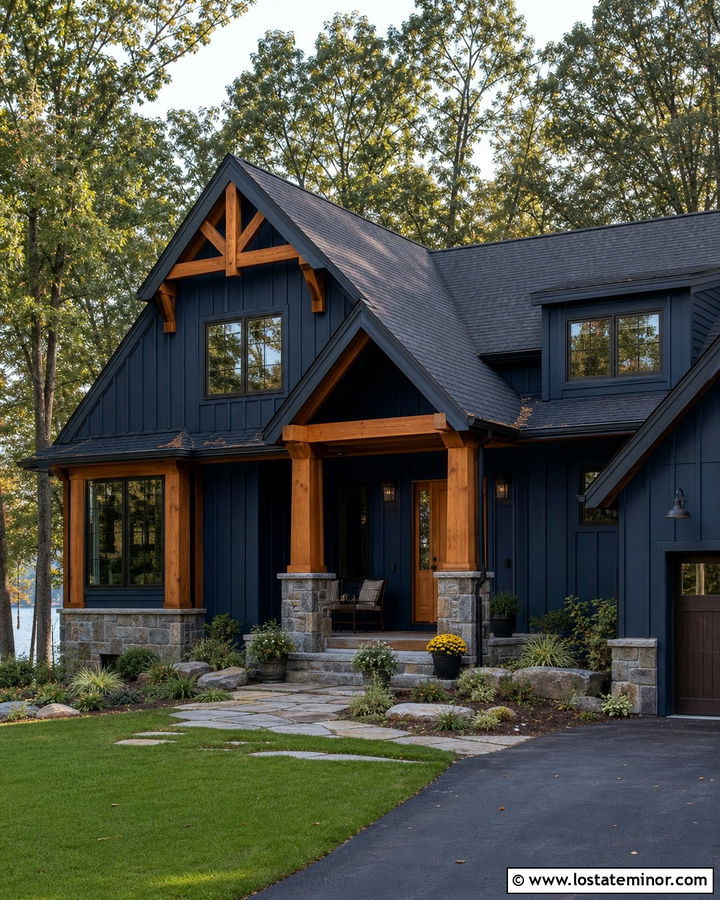 Navy Blue House With Rustic Timber Porch Columns - 30 Navy Blue House Design With Porch Columns Ideas