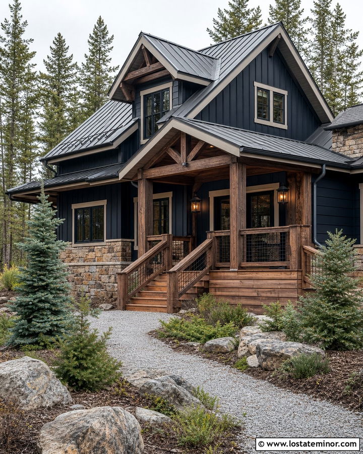 Navy Blue House With Rustic Wood Deck - 30 Navy Blue House Design With Deck Ideas
