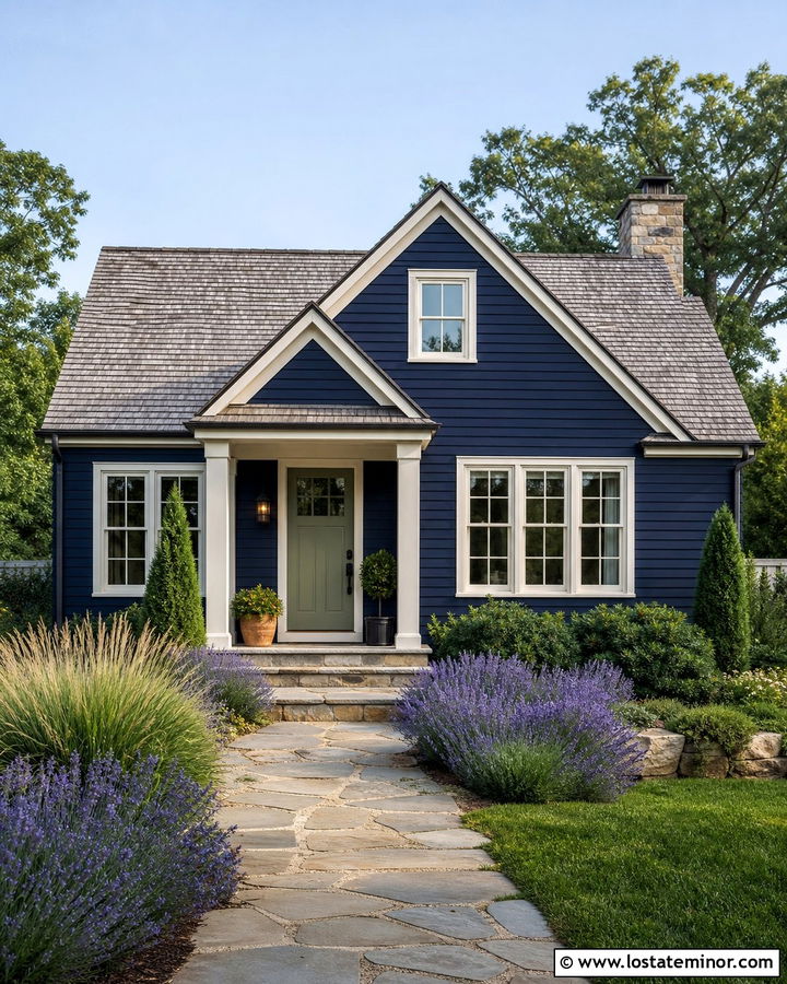 Navy Blue House With Sage Green Door And Stone Porch - 30 Navy Blue House Design With Accents Ideas