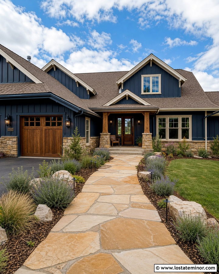 Navy Blue House With Sandstone Walkway - 30 Navy Blue House Design With Walkway Ideas