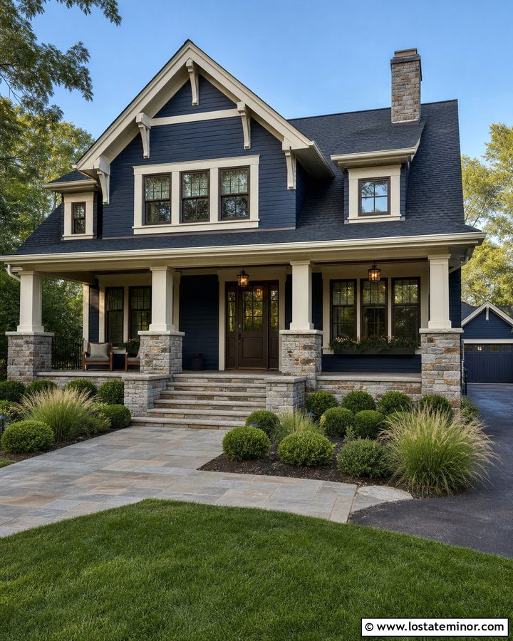 Navy Blue House With Screen Door And Stone Porch - 30 Navy Blue House Design With Screen Door Ideas