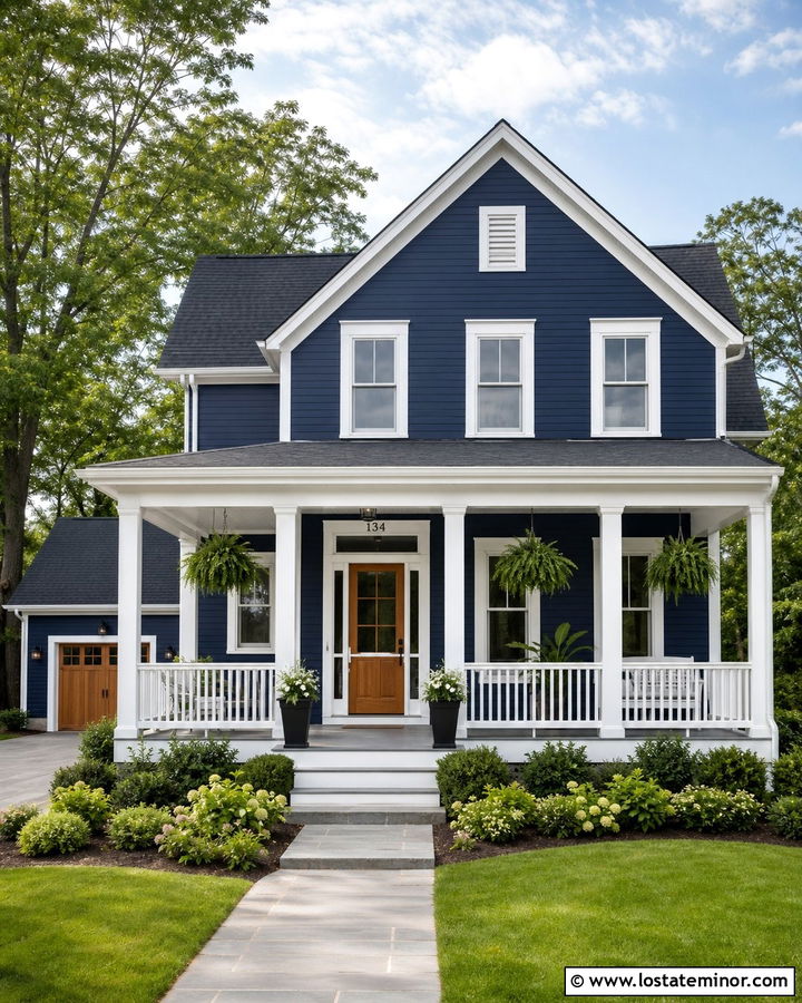 Navy Blue House With Screen Door And White Porch - 30 Navy Blue House Design With Screen Door Ideas