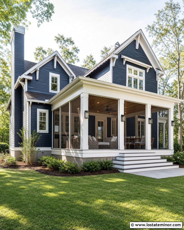 Navy Blue House With Screened Porch - 30 Navy Blue House Design With Backyard Ideas