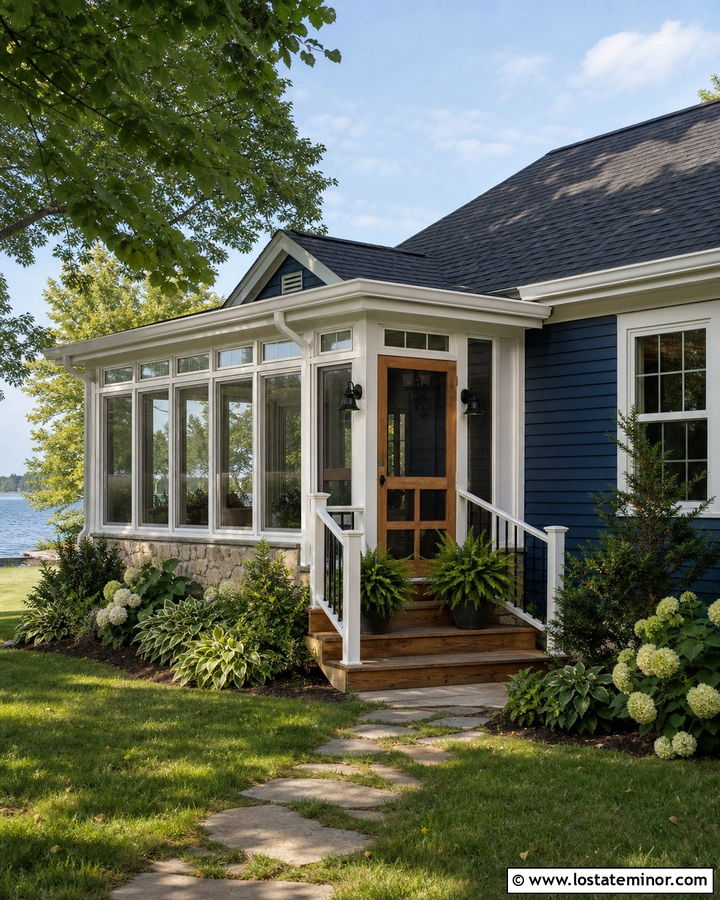 Navy Blue House With Screened Sunroom - 30 Navy Blue House Design With Sunroom Ideas
