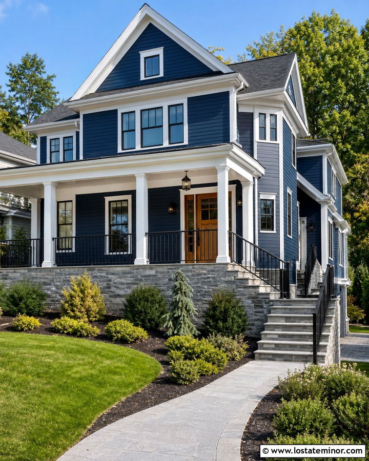 Navy Blue House With Side Entry Steps - 30 Navy Blue House Design With Steps Ideas
