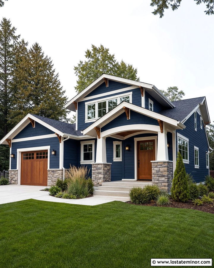 Navy Blue House With Side Load Garage Driveway - 30 Navy Blue House Design With Driveway Ideas