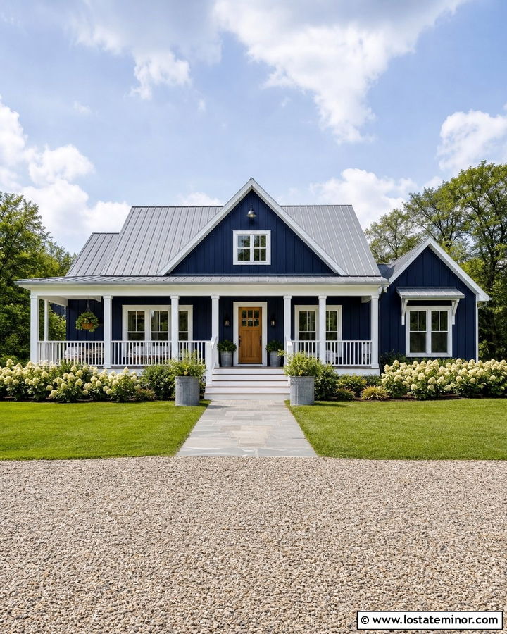 Navy Blue House With Silver Metal Roof And White Porch - 30 Navy Blue House Design With Accents Ideas