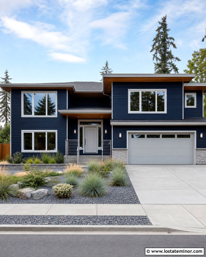 Navy Blue House With Silver Modern Sconces - 30 Navy Blue House Design With Light Fixtures Ideas