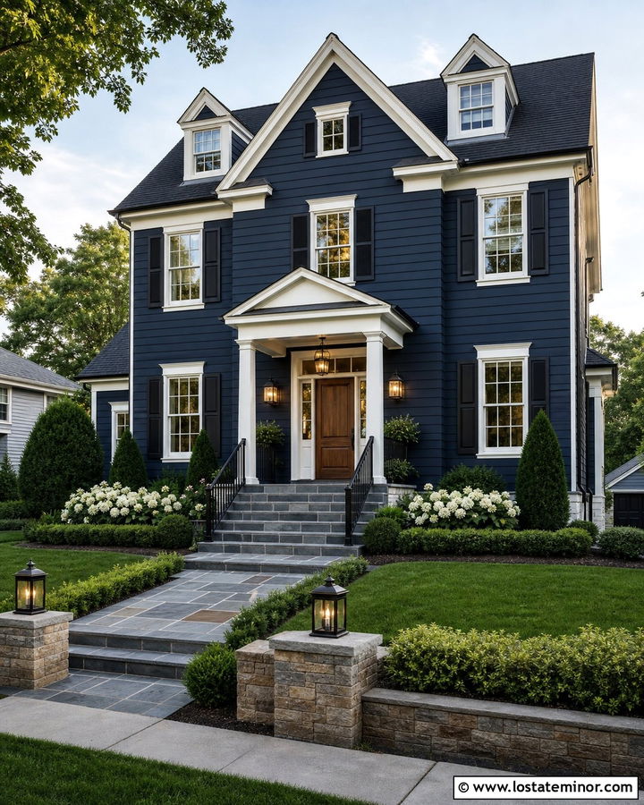 Navy Blue House With Slate Tile Steps - 30 Navy Blue House Design With Steps Ideas