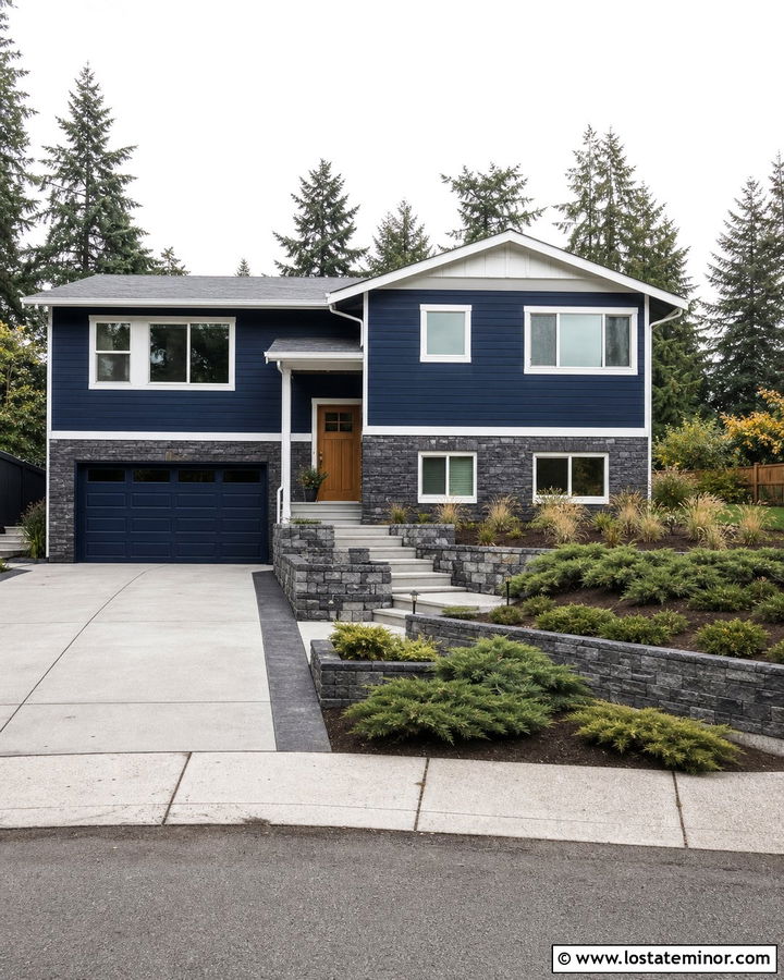 Navy Blue House With Sloped Concrete Driveway - 30 Navy Blue House Design With Driveway Ideas