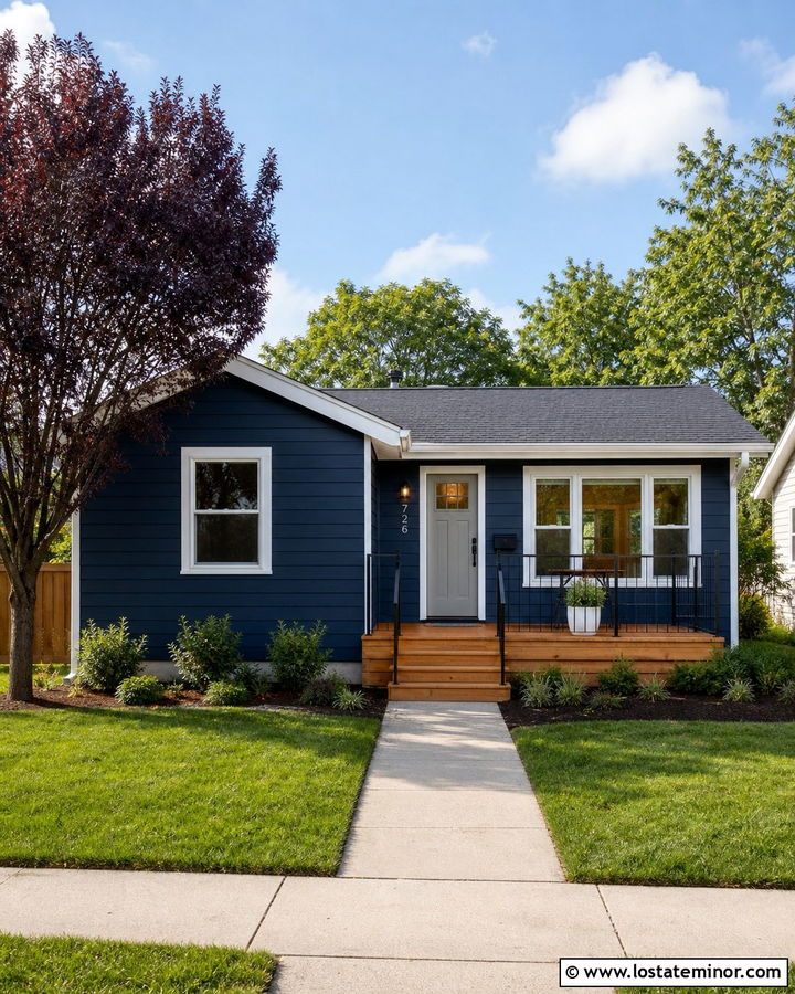 Navy Blue House With Small Front Deck - 30 Navy Blue House Design With Deck Ideas