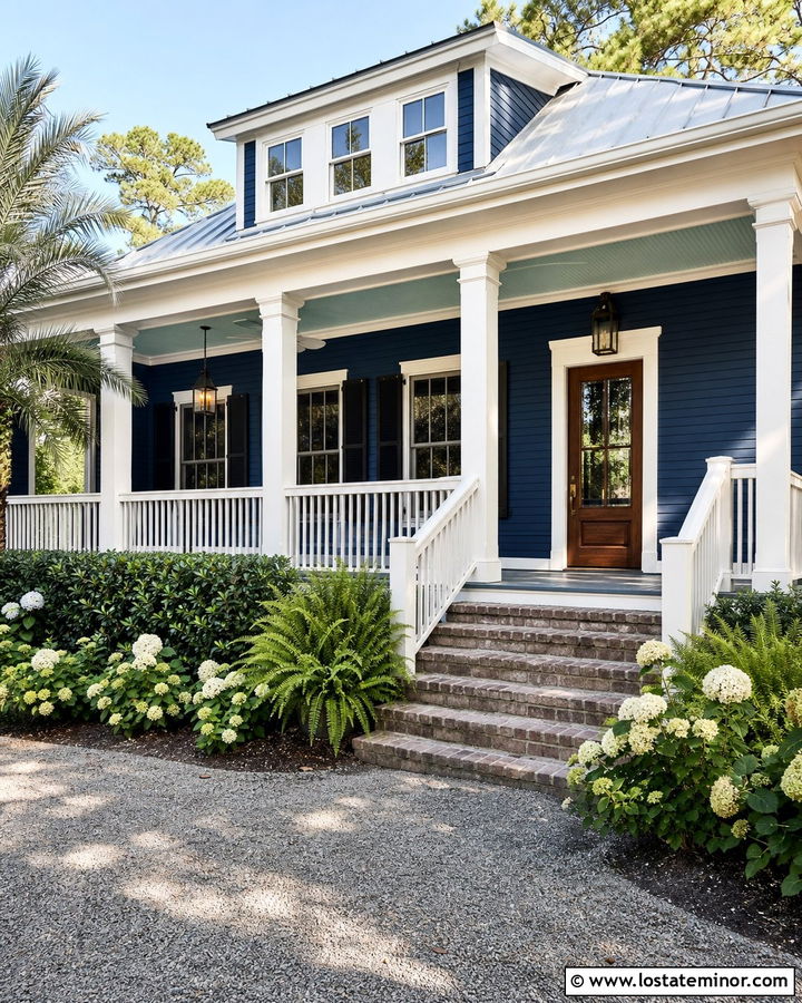 Navy Blue House With Soft Green Porch Ceiling - 30 Navy Blue House Design With Porch Ceiling Ideas