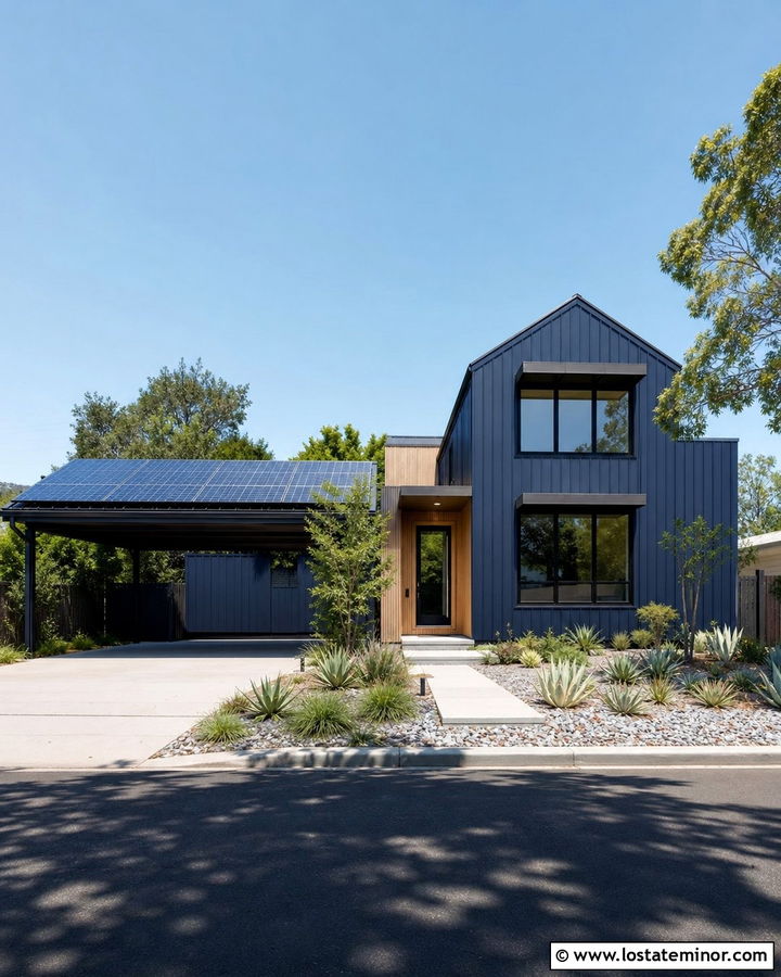 Navy Blue House With Solar Panel Carport - 30 Navy Blue House Design With Carport Ideas