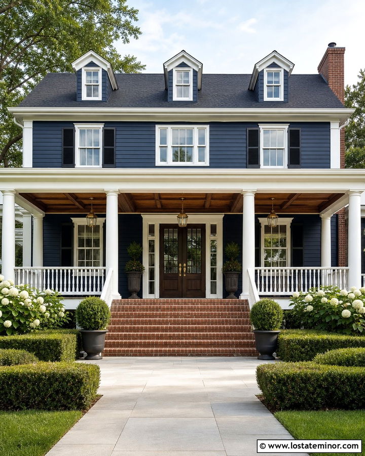 Navy Blue House With Stained Coffered Porch Ceiling - 30 Navy Blue House Design With Porch Ceiling Ideas