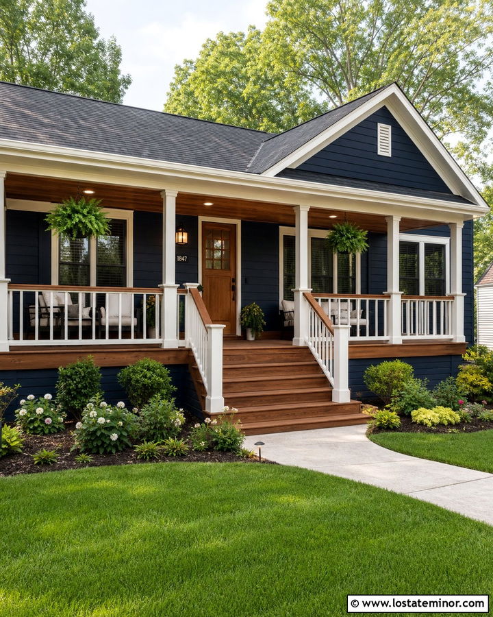 Navy Blue House With Stained Wood Deck - 30 Navy Blue House Design With Front Porch Ideas