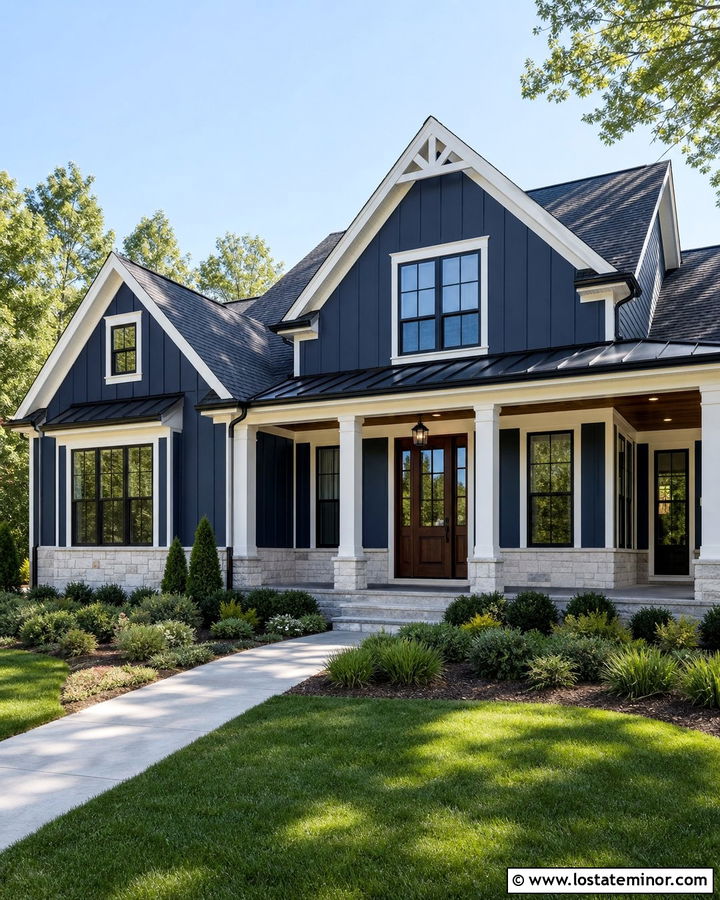 Navy Blue House With Stained Wood Porch Ceiling - 30 Navy Blue House Design With Porch Ceiling Ideas