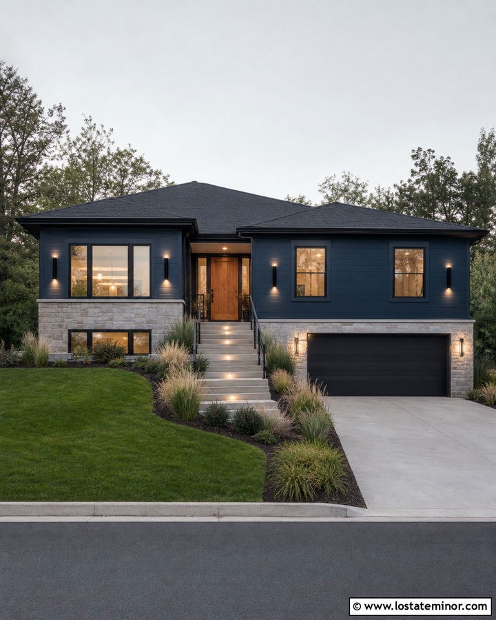 Navy Blue House With Stair Lighting - 30 Navy Blue House Design With Lighting Ideas