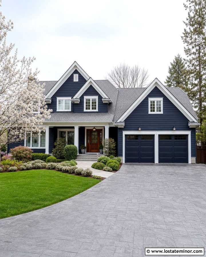 Navy Blue House With Stamped Concrete Driveway - 30 Navy Blue House Design With Driveway Ideas