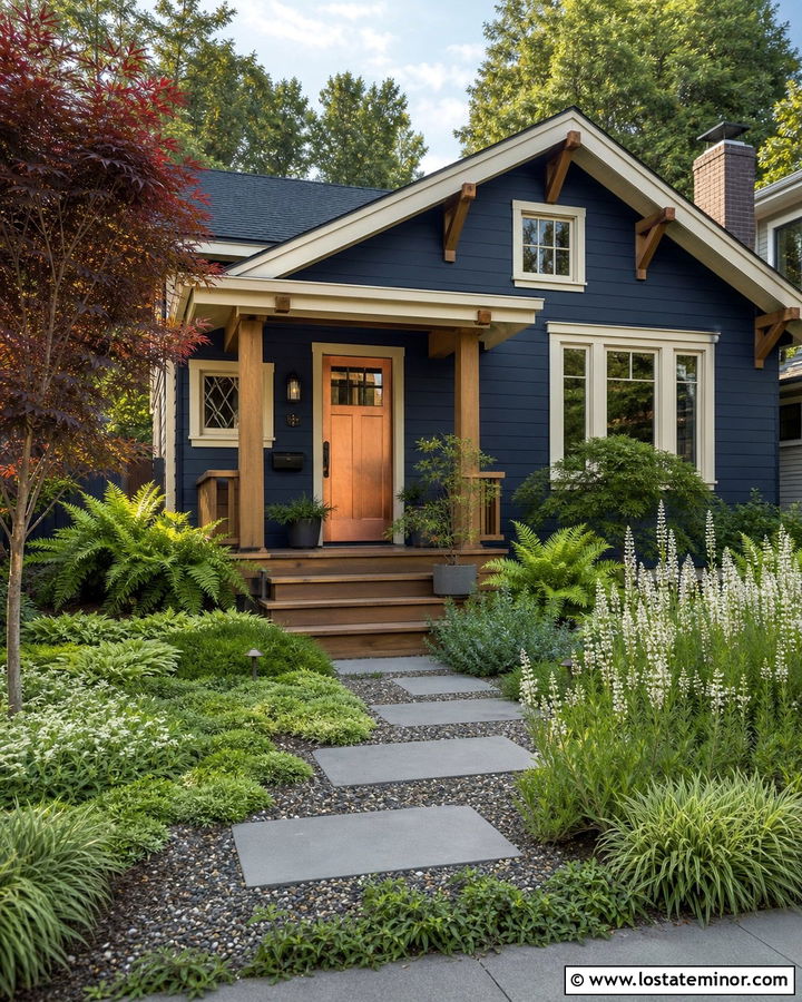 Navy Blue House With Stepping Stone Walkway - 30 Navy Blue House Design With Walkway Ideas