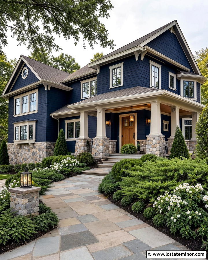 Navy Blue House With Stone Accents And Evergreens - 30 Navy Blue House Design With Landscaping Ideas