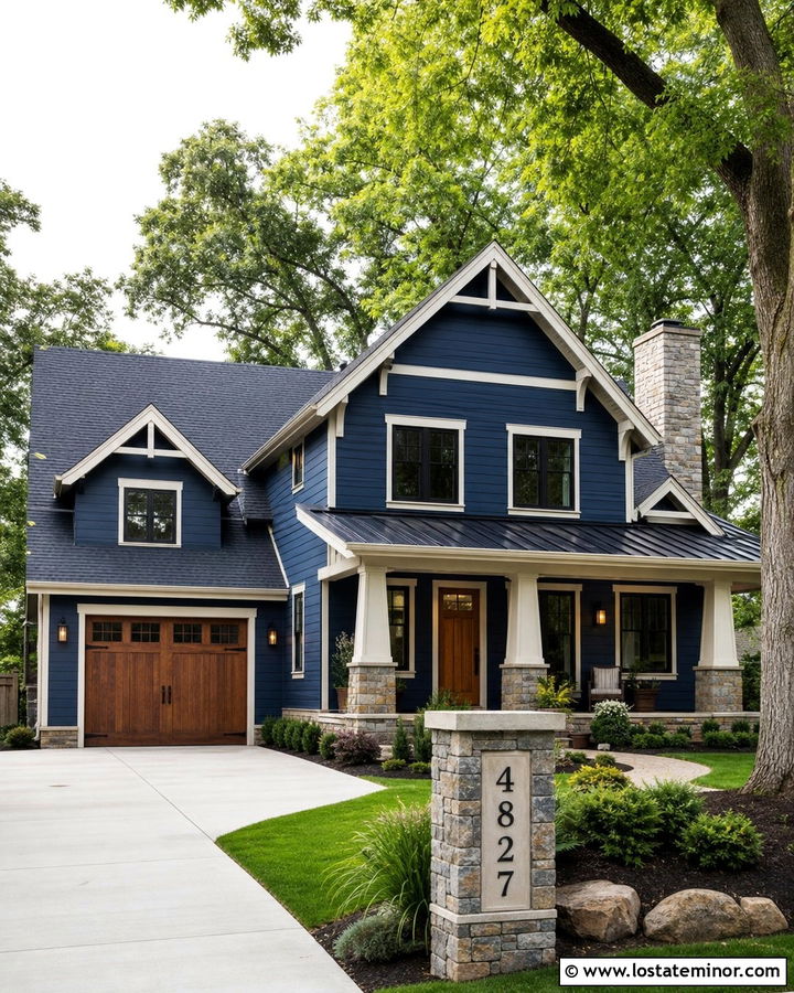 Navy Blue House With Stone Address Column - 30 Navy Blue House Design With House Numbers Ideas