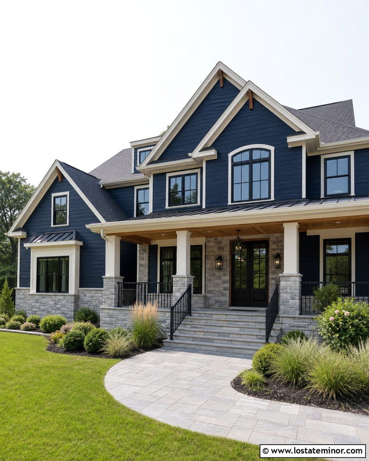 Navy Blue House With Stone And Black Door - 30 Navy Blue House Design With Front Door Ideas
