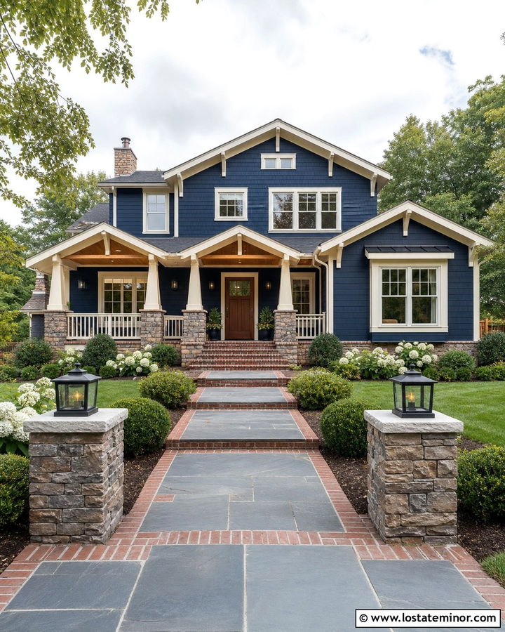 Navy Blue House With Stone And Brick Walkway - 30 Navy Blue House Design With Walkway Ideas