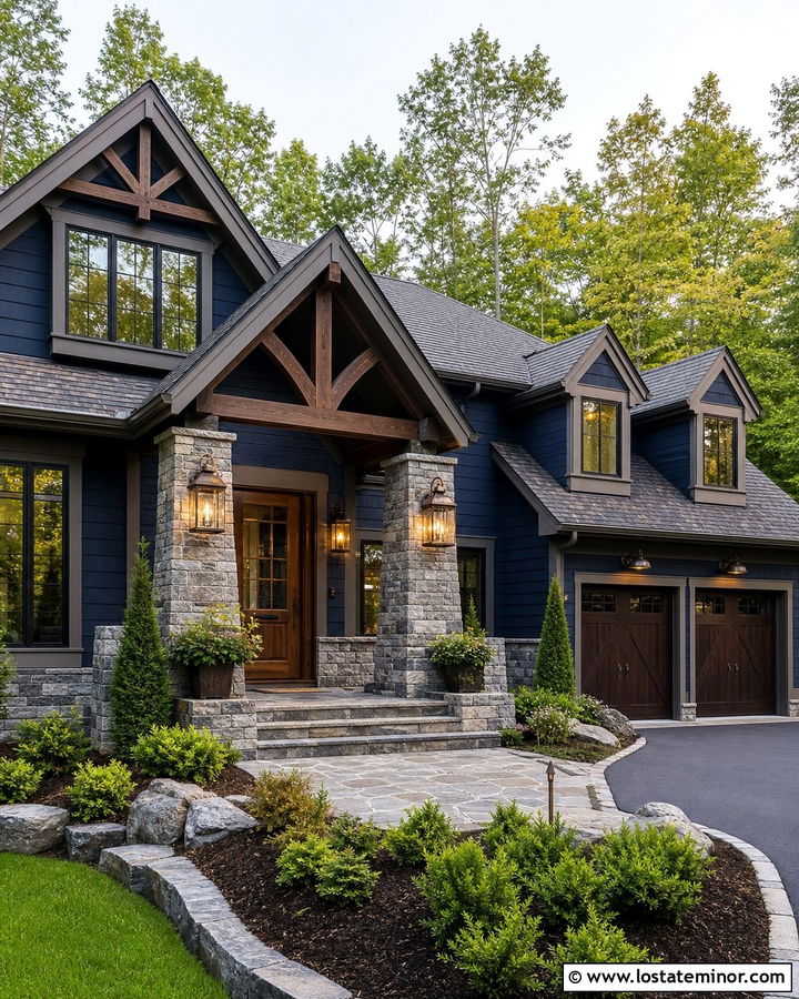 Navy Blue House With Stone And Bronze Lights - 30 Navy Blue House Design With Light Fixtures Ideas