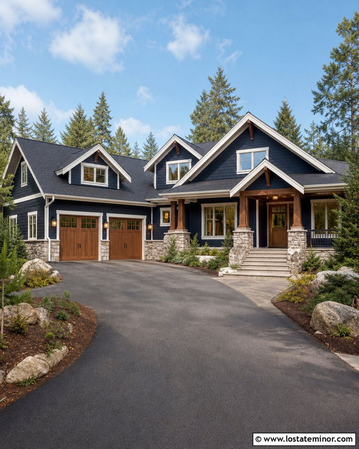 Navy Blue House With Stone And Wood Garage - 30 Navy Blue House Design With Garage Door Ideas