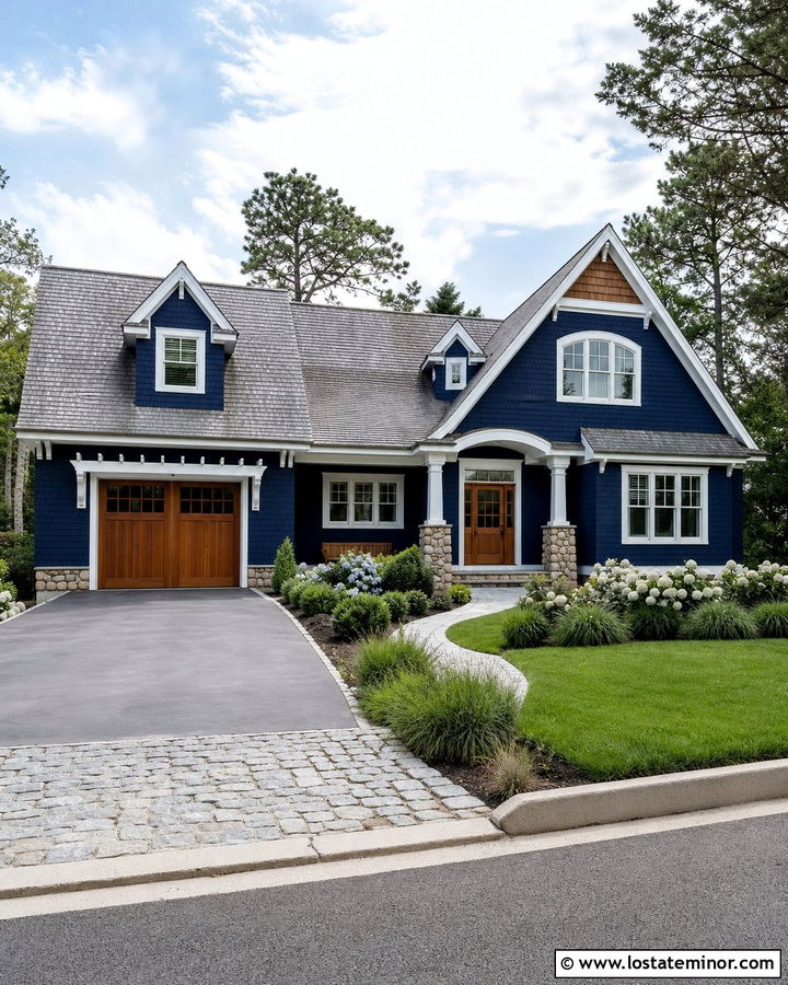 Navy Blue House With Stone Apron Driveway - 30 Navy Blue House Design With Driveway Ideas