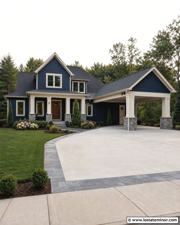 Navy Blue House With Stone Carport Columns - 30 Navy Blue House Design With Carport Ideas