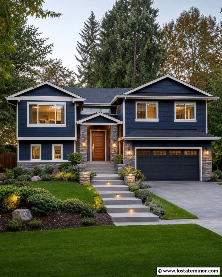 Navy Blue House With Stone Column Lights - 30 Navy Blue House Design With Lighting Ideas