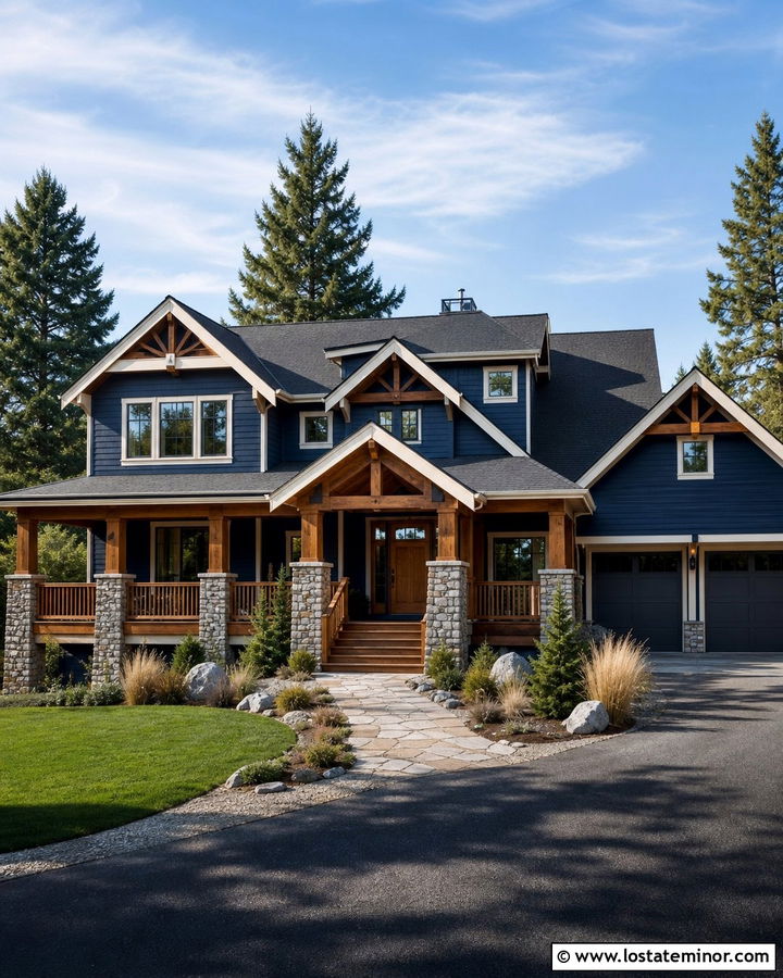 Navy Blue House With Stone Deck Columns - 30 Navy Blue House Design With Deck Ideas