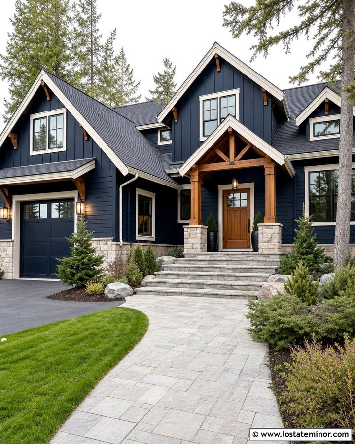 Navy Blue House With Stone Entry And Wood Door - 30 Navy Blue House Design With Entry Door Ideas