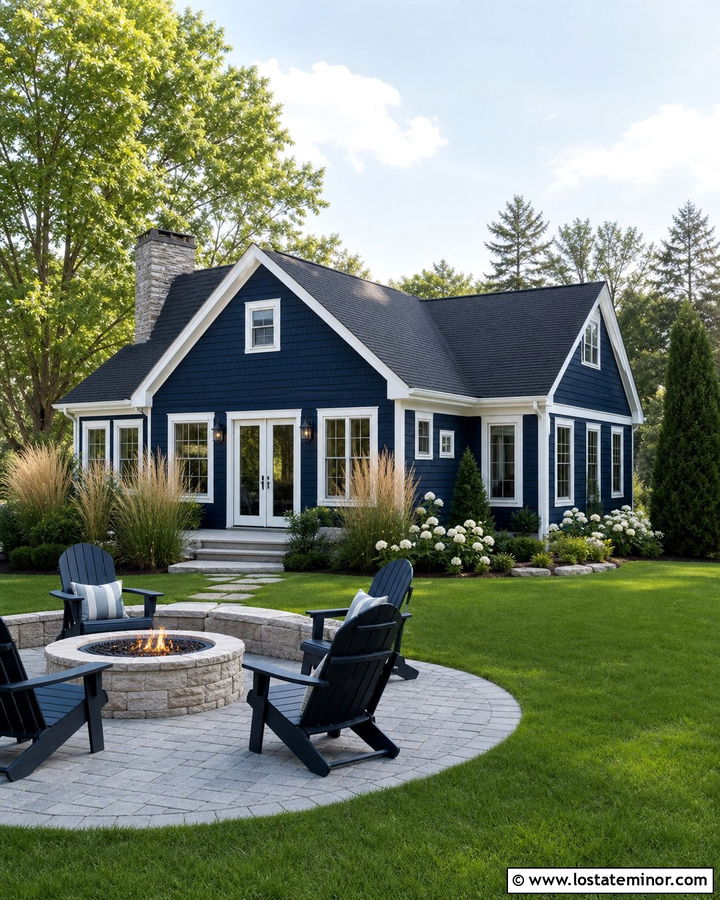 Navy Blue House With Stone Fire Pit - 30 Navy Blue House Design With Backyard Ideas