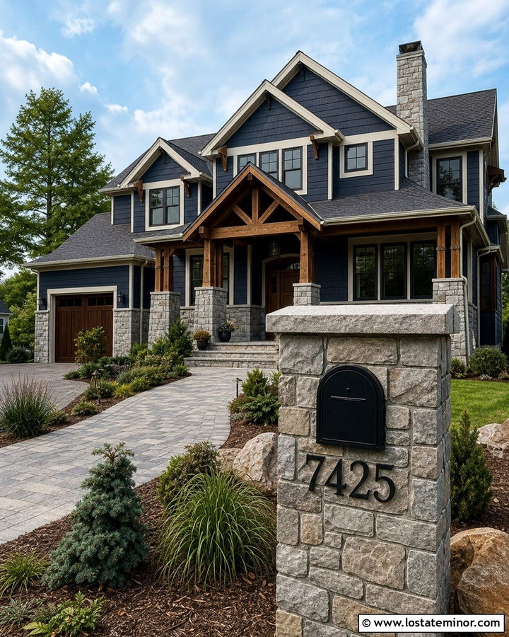 Navy Blue House With Stone Mailbox Column - 30 Navy Blue House Design With Mailbox Ideas