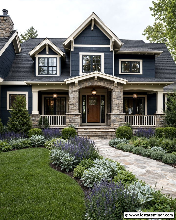 Navy Blue House With Stone Porch And Lavender Beds - 30 Navy Blue House Design With Front Yard Ideas