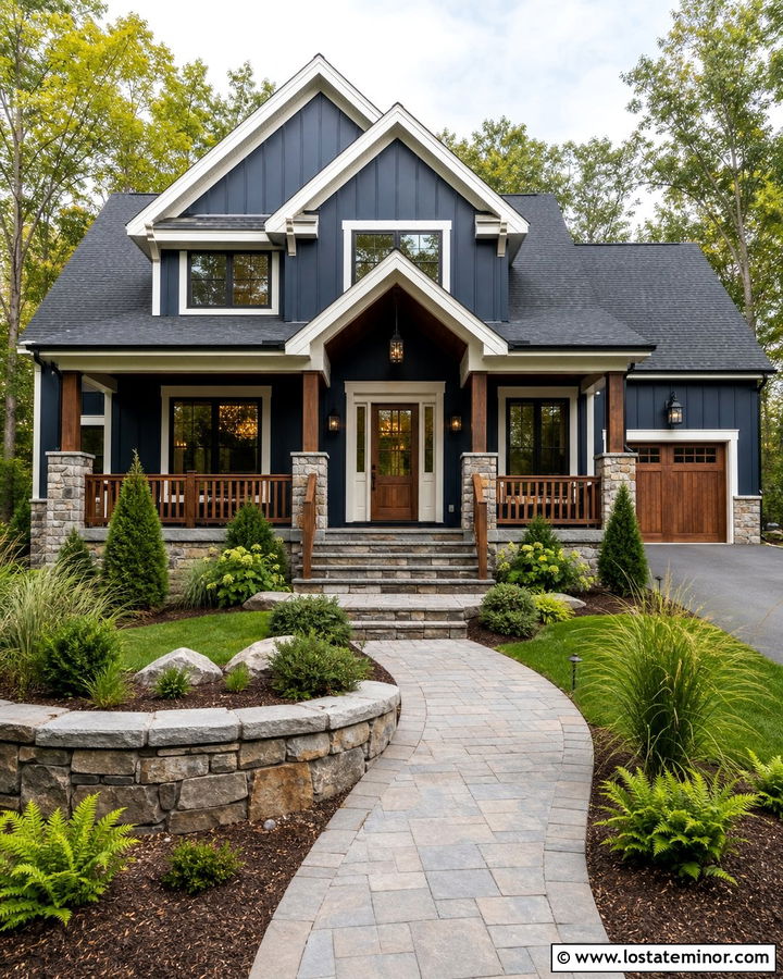 Navy Blue House With Stone Porch And Wood Railings - 30 Navy Blue House Design With Railings Ideas