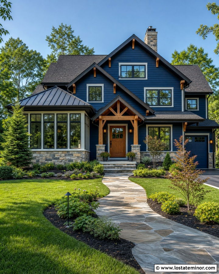 Navy Blue House With Stone Sunroom - 30 Navy Blue House Design With Sunroom Ideas