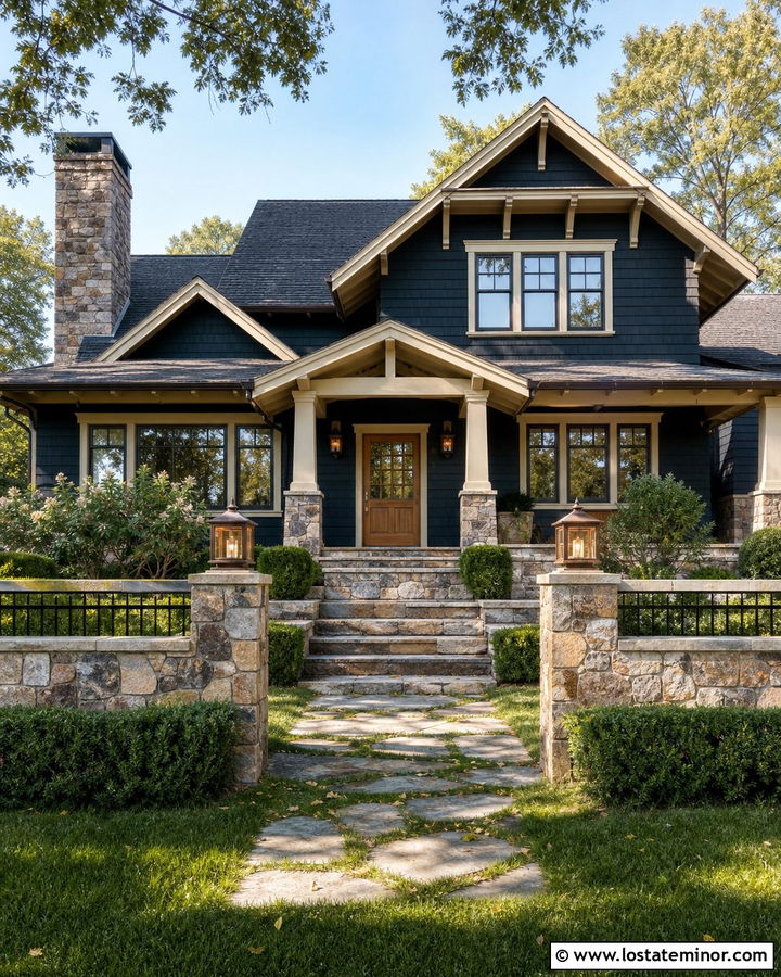 Navy Blue House With Stone Wall Fence - 30 Navy Blue House Design With Fence Ideas