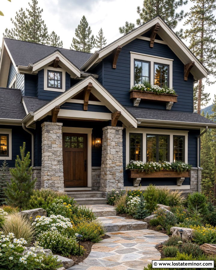 Navy Blue House With Stone Window Box Supports - 30 Navy Blue House Design With Window Boxes Ideas