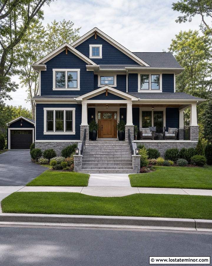 Navy Blue House With Stone Wrapped Porch Columns - 30 Navy Blue House Design With Porch Columns Ideas