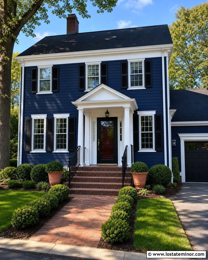 Navy Blue House With Storm Door And Brick Steps - 30 Navy Blue House Design With Storm Door Ideas