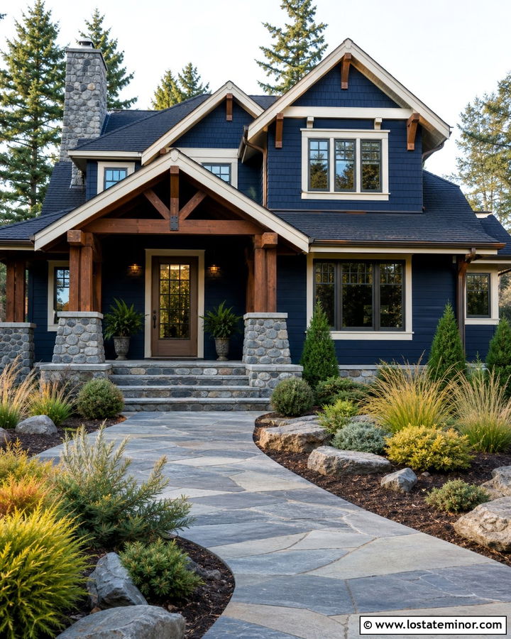Navy Blue House With Storm Door And Stone Porch - 30 Navy Blue House Design With Storm Door Ideas