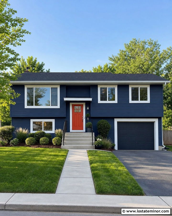 Navy Blue House With Straight Concrete Walkway - 30 Navy Blue House Design With Walkway Ideas