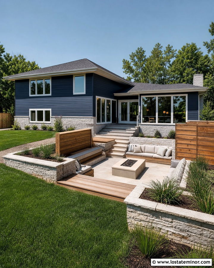 Navy Blue House With Sunken Patio - 30 Navy Blue House Design With Backyard Ideas