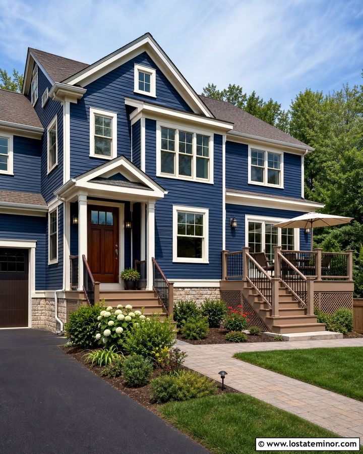 Navy Blue House With Tan Composite Deck - 30 Navy Blue House Design With Deck Ideas